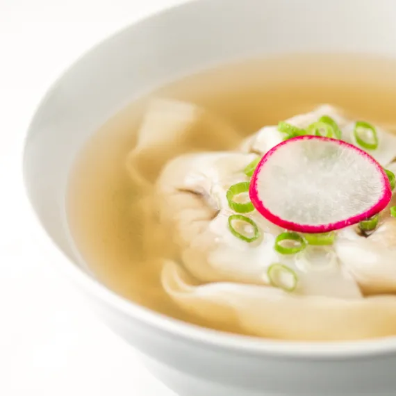 Top View of Vegetable & Kurobuta Pork Wonton Soup garnished 