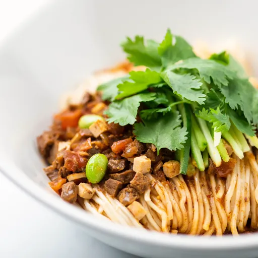 Closeup view of Noodles with Diced Beef & Szechuan Peppers