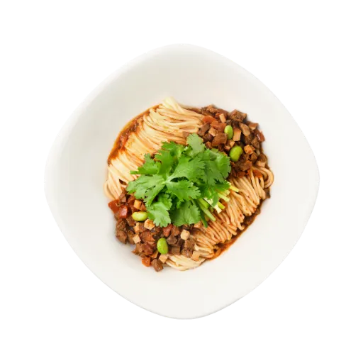 top view of Noodles with Diced Beef & Szechuan Peppers