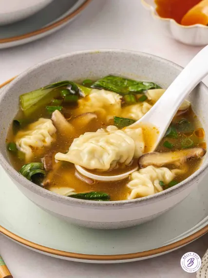 Chicken Wonton soup is in bown and a dumpling is picked in the spoon