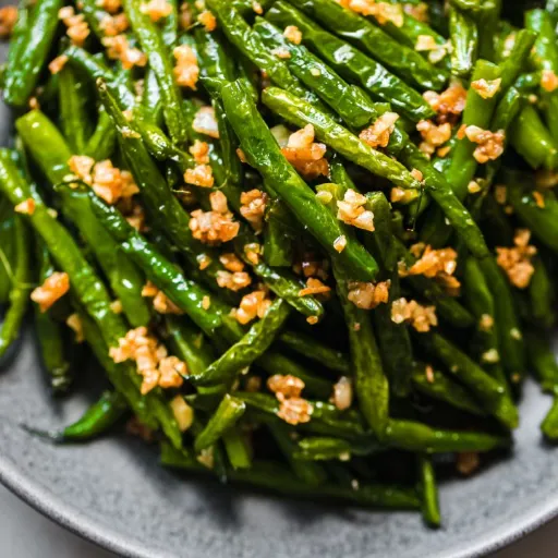 Closeup view of String Beans with Garlic chunks visible