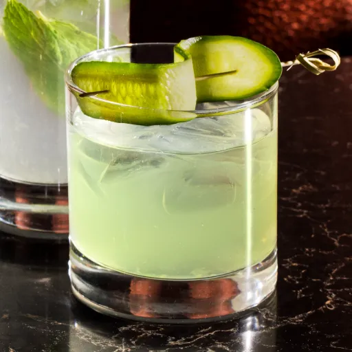 Cucumber Gimlet with the slices of cucumber and mint leaf