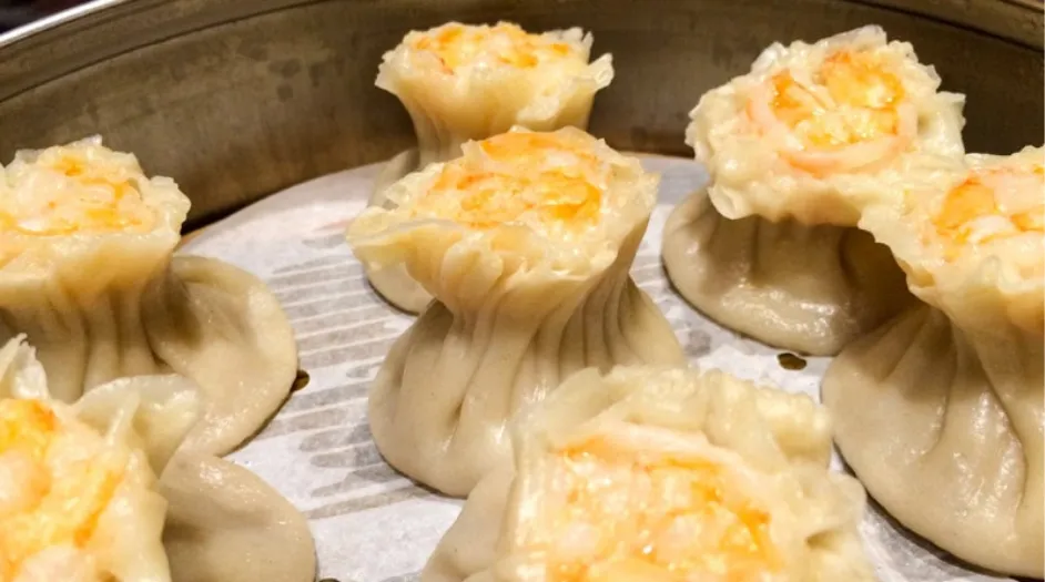 closeup of a final version of Kurobuta Pork & Shrimp Shao Mai dumpling