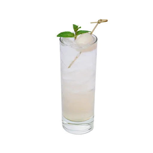 A Glass of Lychee Mojito with a straw and mint leafs