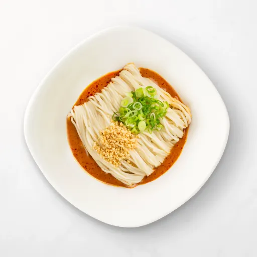 Top view of Noodles with Sesame Sauce ready to eat
