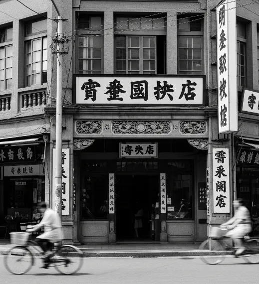Black-and-white vintage photo of the original Taipei storefront