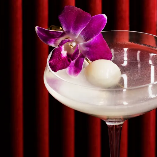 Closeup of Pear Lychee Martini with a flower