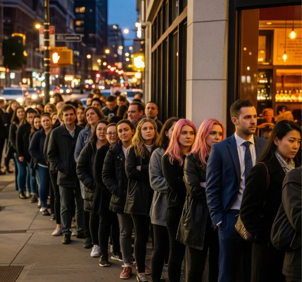 Line of customers patiently waiting outside during dinner rush