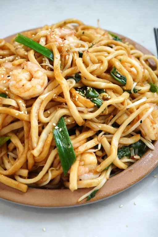 Closeup of Shrimp Fried Noodles where Shrimps are visible in noodles