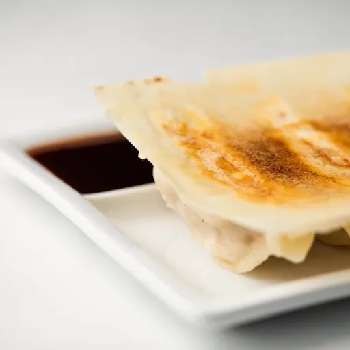 Closeup of Shrimp & Kurobuta Pork Pot Stickers with sacue in the corner