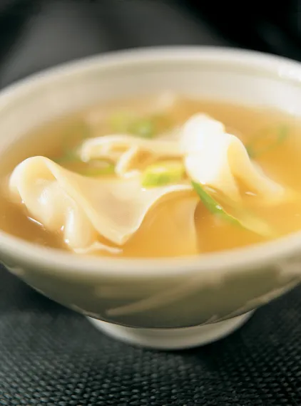 Closeup of ready to serve Shrimp & Kurobuta Pork Wonton Soup 