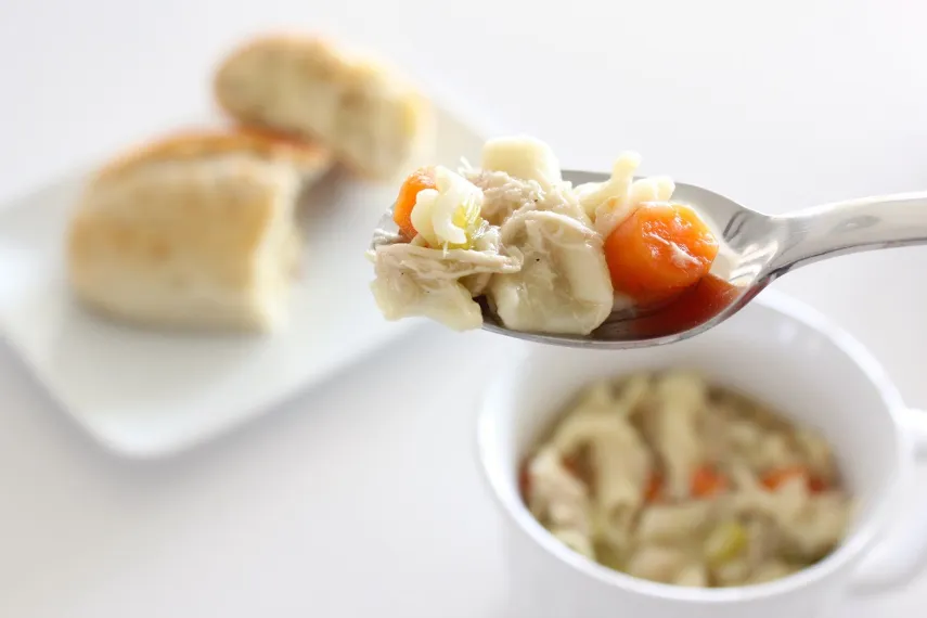 Chicken of Chicken Noodle Soup in the spoon