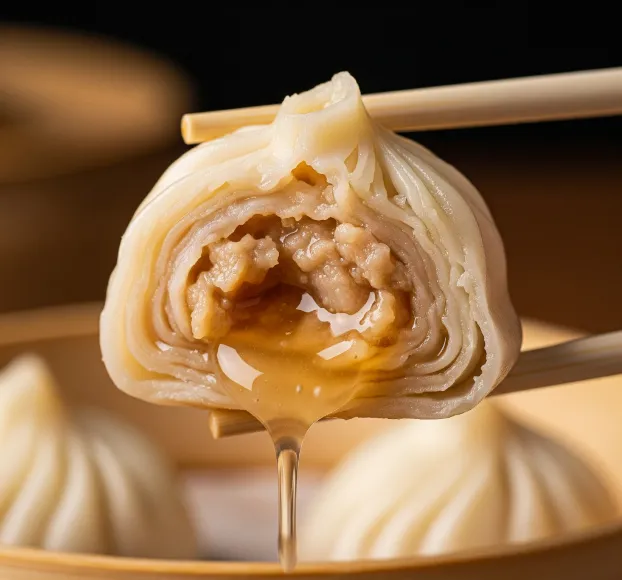 Close-up cross-section of a soup dumpling with broth gently oozing out as it's picked up