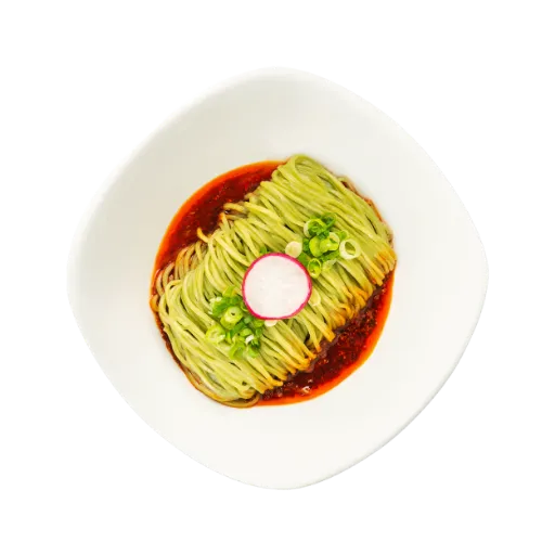 top view of Noodles with Spicy Sauce in which noodles are in sauce
