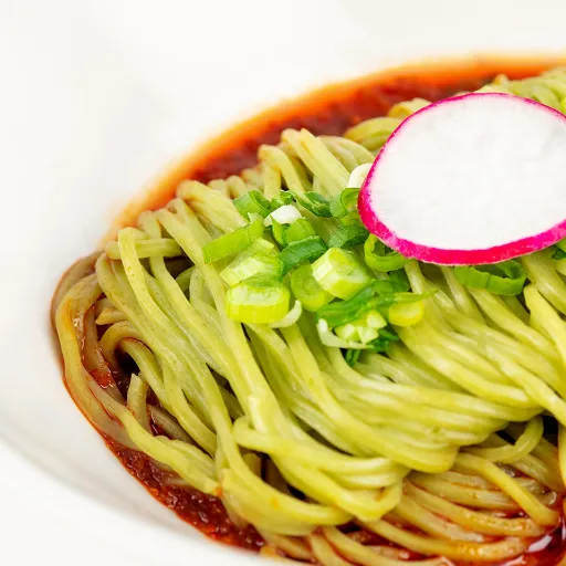 closeup vie of Vegan Noodles with Spicy Sauce