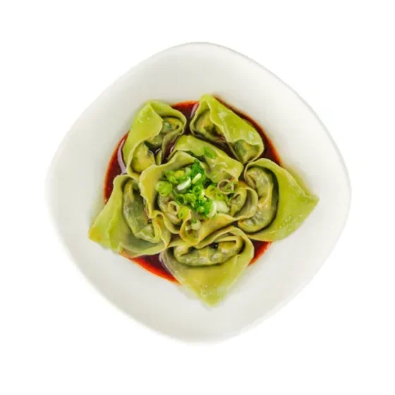 Top View of Vegan Spicy Wontons like a flower in the bowl