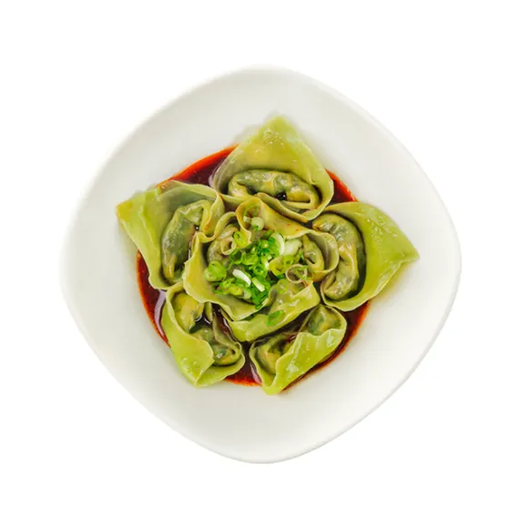 Top View of Vegan Spicy Wontons like a flower in the bowl