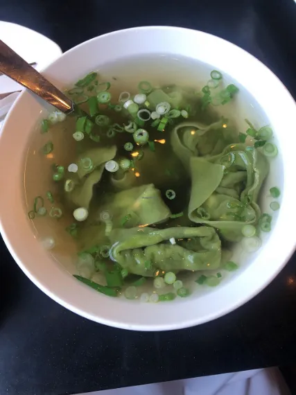 Top view of Vegan Wonton Soup server with the greenchilli 