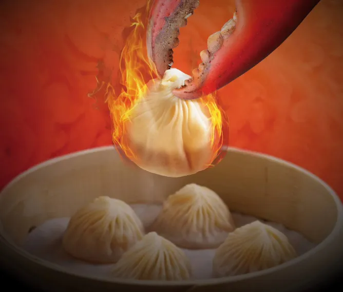 a graphical image shows the dumpling is in the crab claw