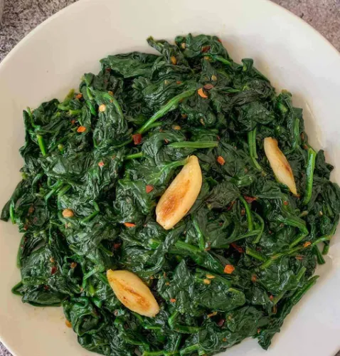 top view of Spinach with Garlic with the garlic chunks