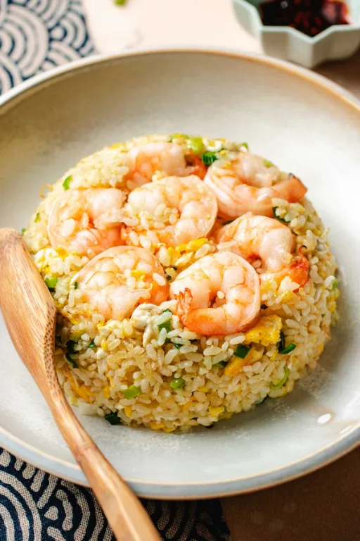 Close Top view of Shrimp Fried Rice in plate