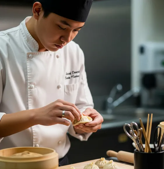 Chef in training folding xiao long bao dumplings with concentration, toolkit nearby