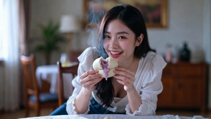 Girl tearing sweet taro bun with purple taro filling oozing out
