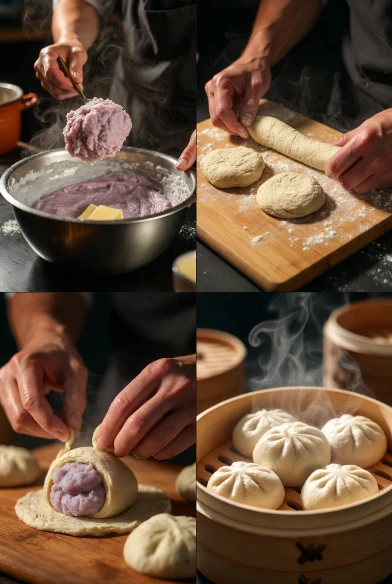 Step-by-step collage of making sweet taro buns: taro paste, flattening dough, filling buns, and ready-to-steam buns