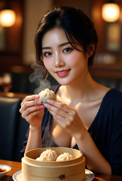 Young woman holding freshly steamed Chicken Xiao Long Bao above a bamboo steamer basket filled with soup dumplings in a warm restaurant setting.