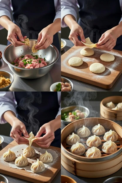 Four-step collage showing the process of making Chicken Xiao Long Bao Recipe , including mixing seasoned chicken filling, rolling dough wrappers, pleating dumplings, and steaming soup dumplings in a bamboo basket.