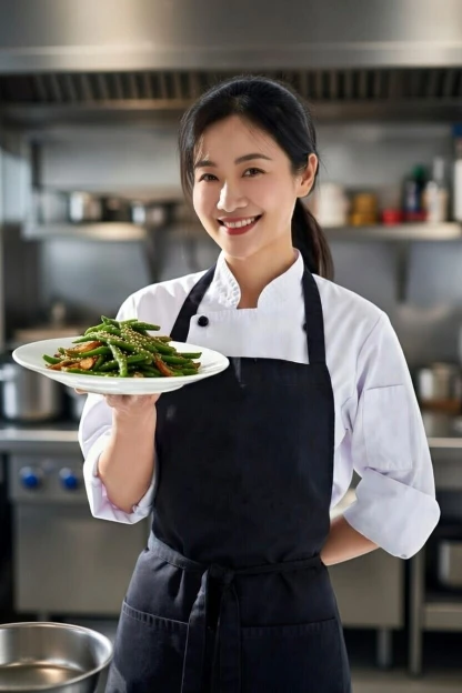 Professional female chef holding garlic string beans plate on white background, Chinese restaurant style food presentation