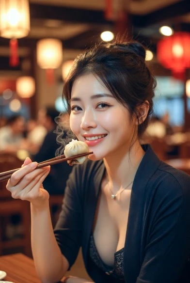 Young Chinese woman enjoying pork xiao long bao with chopsticks in a cozy Dining Room, smiling softly under warm ambient lighting.
