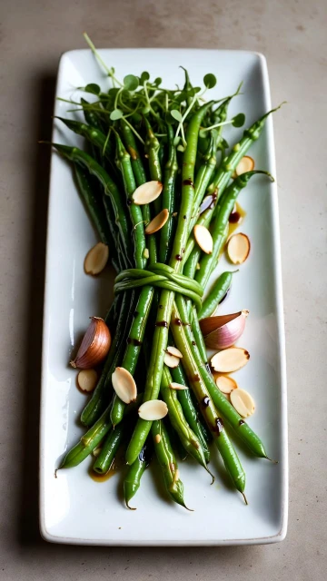 Beautifully plated garlic string beans recipe on white plate, restaurant-style Chinese food presentation