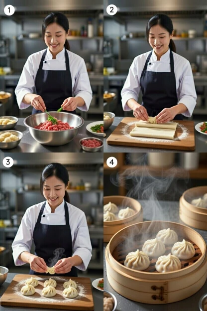 Four-panel food photography collage showing step-by-step preparation of pork xiao long bao, from mixing minced pork filling to steaming dumplings in a bamboo steamer.