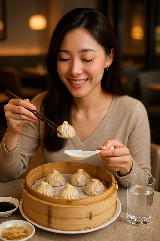 Woman Enjoying Crab Xiao Long Bao Recipe