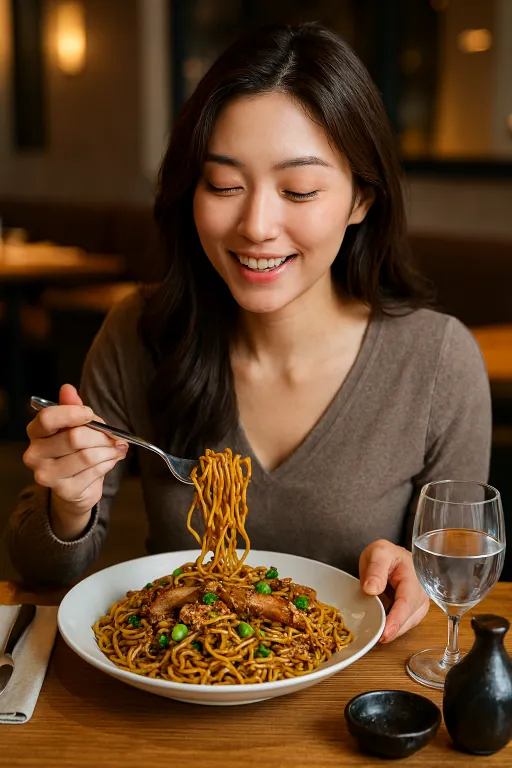 Woman Enjoying Kurobuta Pork Fried Noodles Recipe