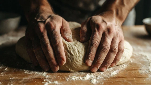 Hands kneading soft bao dough for Kurobuta pork buns until smooth and elastic