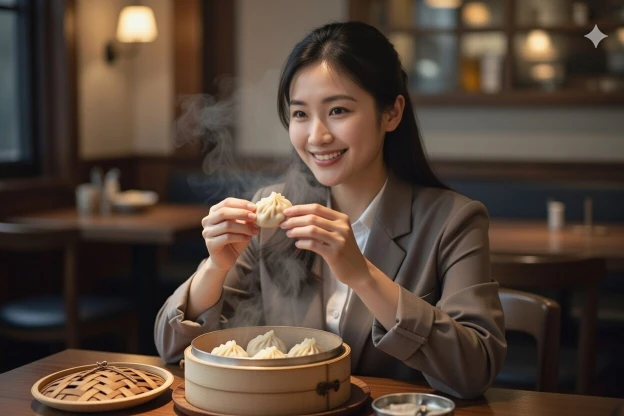 Beautiful young woman holding pork xiao long bao in her hands with a bamboo steamer on the table in a cozy Asian restaurant.