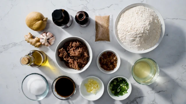 Ingredients Required for for Kurobuta pork buns recipe including flour, pork mince, yeast, soy sauce, and spices