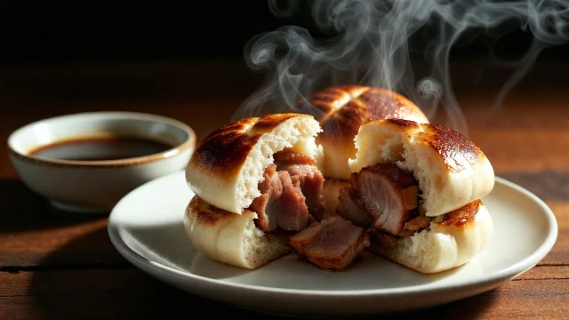 Steaming Kurobuta pork buns split open on a white plate, showing juicy pork filling with dipping sauce in the background.